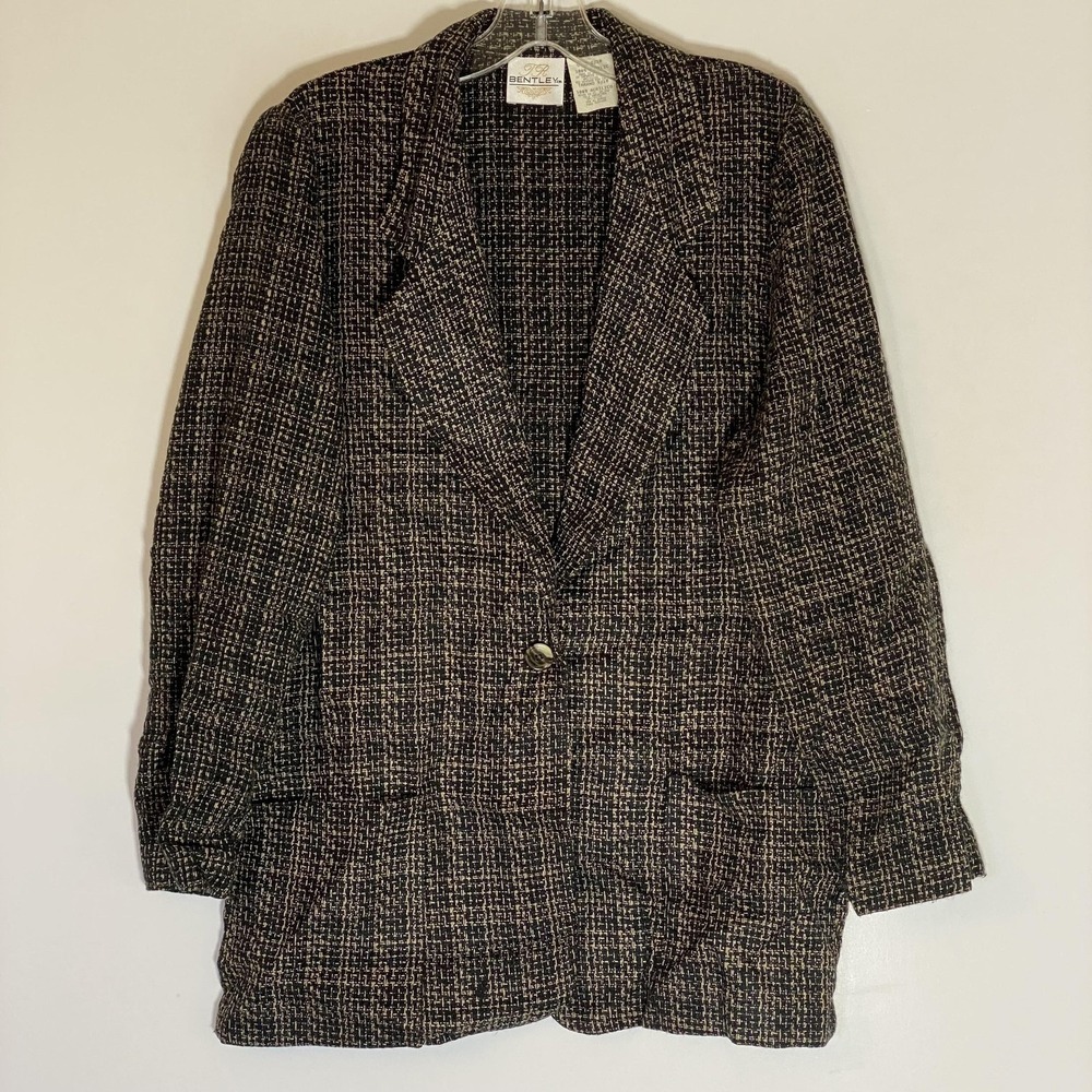 Vintage Bentley Blazer Juniors 9/10 Blue Check Acrylic One Button Made USA 90s
